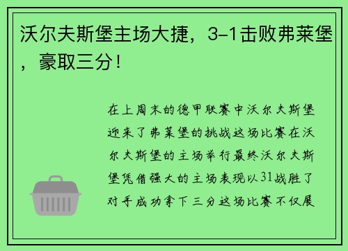 沃尔夫斯堡主场大捷，3-1击败弗莱堡，豪取三分！